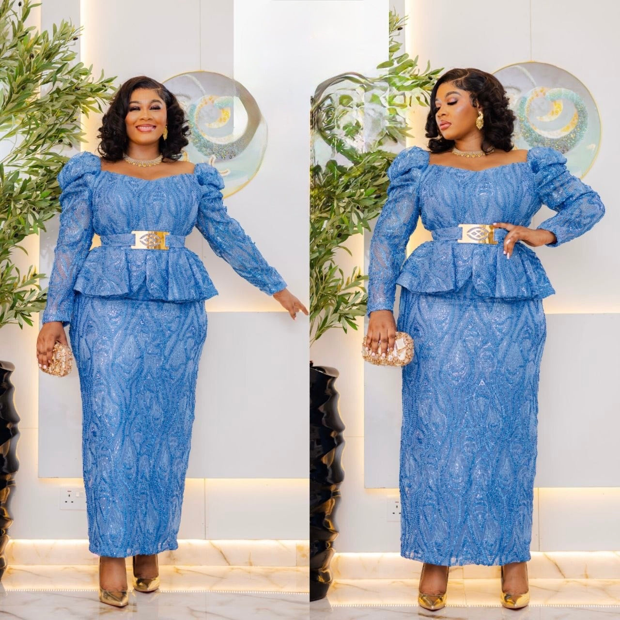 Luxury Sky Blue Lace Peplum Dress for Women | Elegant Occasion