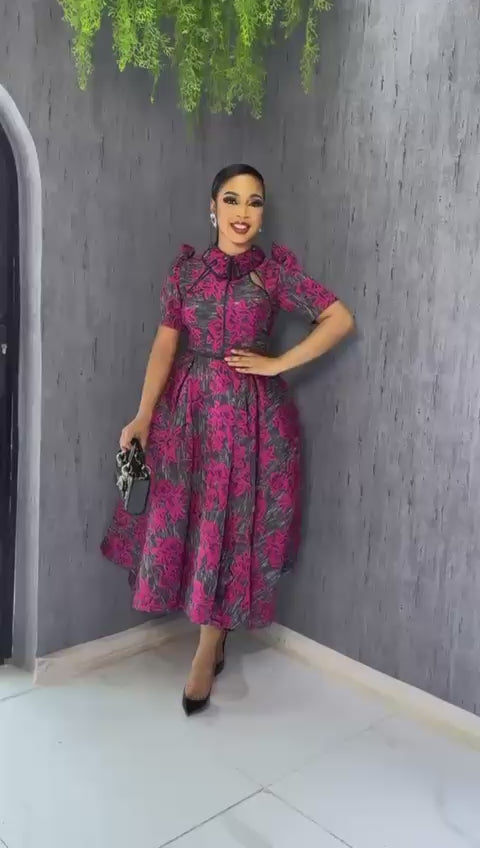 Elegant Burgundy Floral Midi Dress for Women