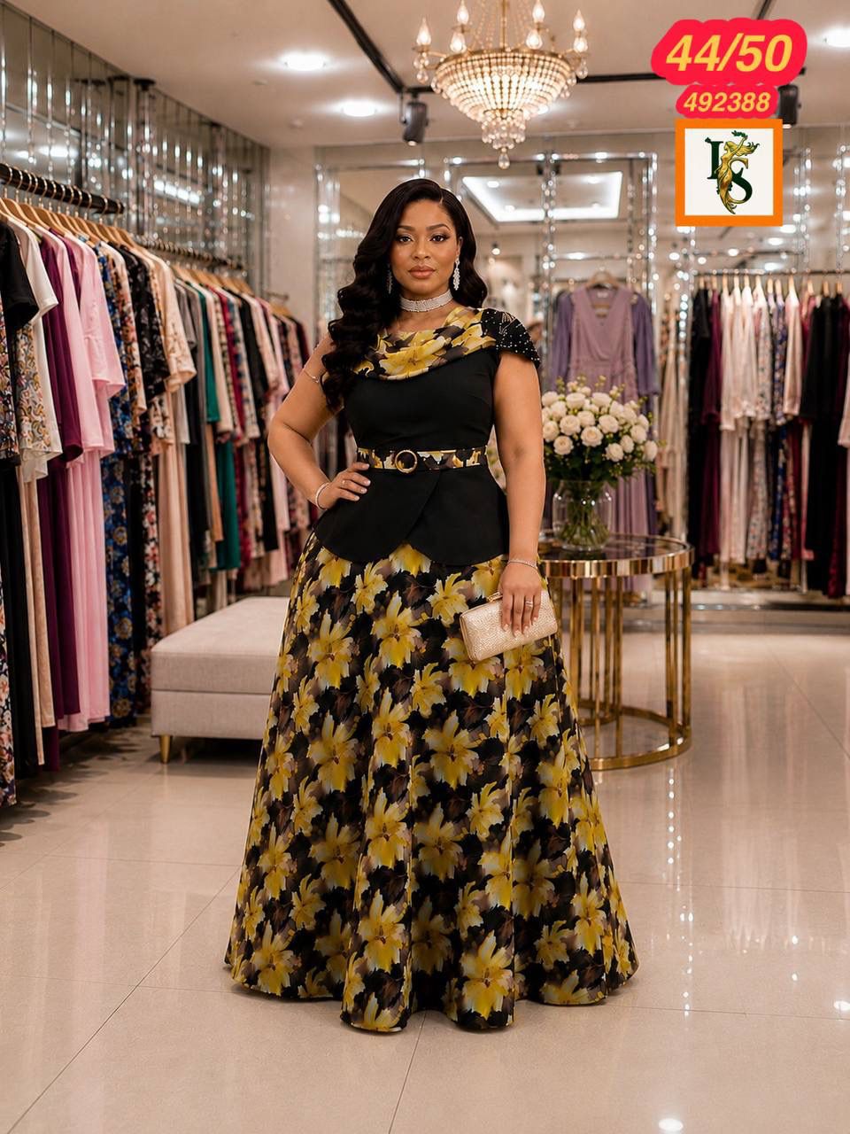 Elegant Black & Gold Floral Chiffon Maxi Dress for Women