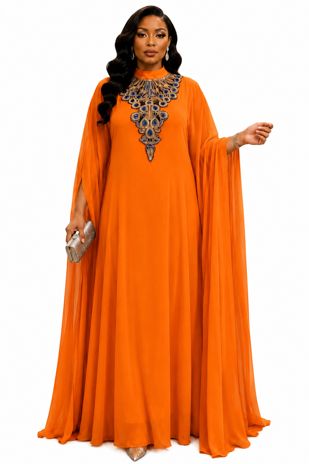 Luxury Orange Chiffon Cape Sleeve Maxi Dress for Women