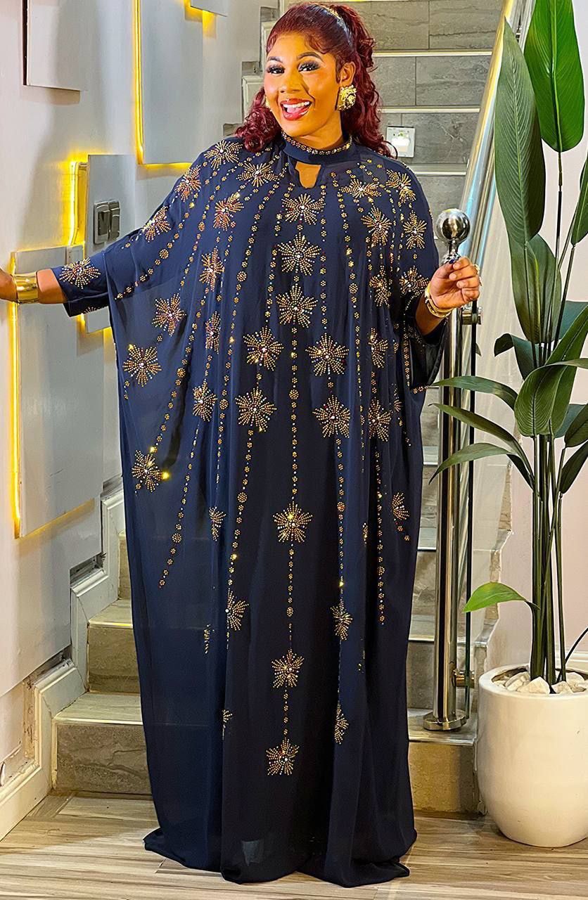 Luxury Navy Blue Stoned Embellished Maxi Dress for Women