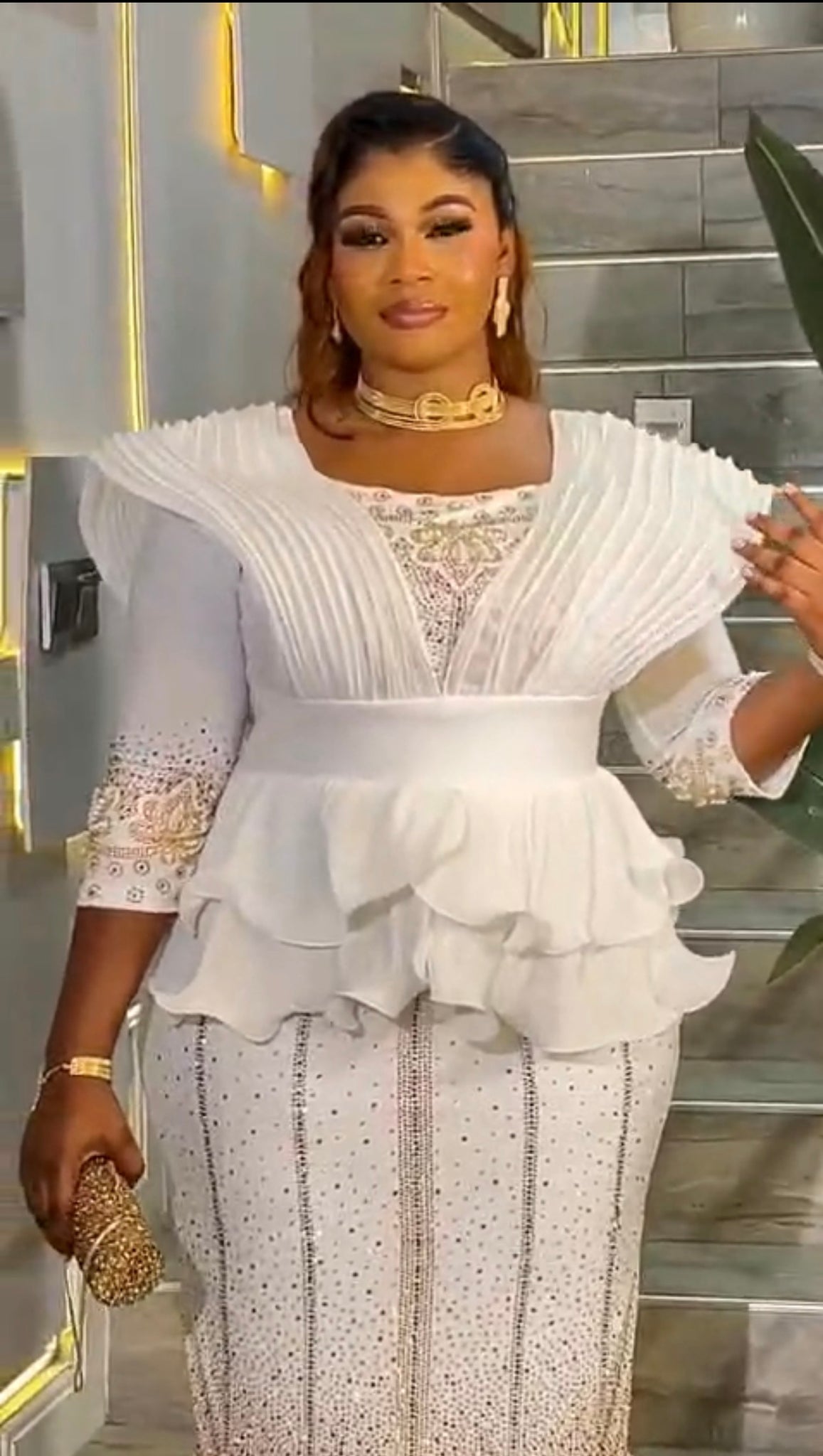 Luxury White & Gold Embellished Peplum Midi Dress for Women | Elegant Godshandfashion Luxury White & Gold Embellished Peplum Midi Dress for Women | Elegant Godshandfashion