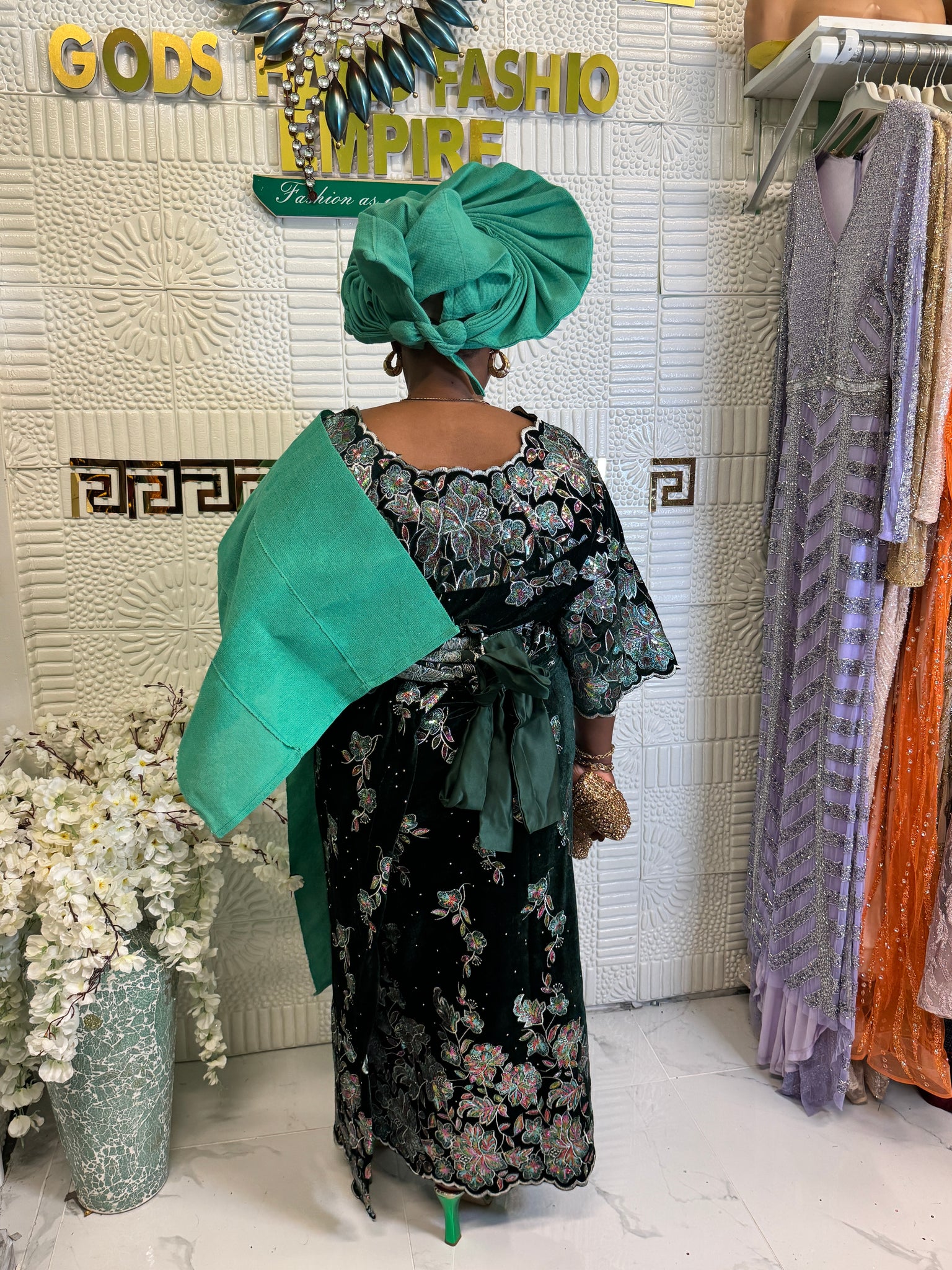 Luxury Velvet Lace African Traditional Outfit for Women | Elegant Asoebi Party Dress with Gele & pele | Godshandfashion
