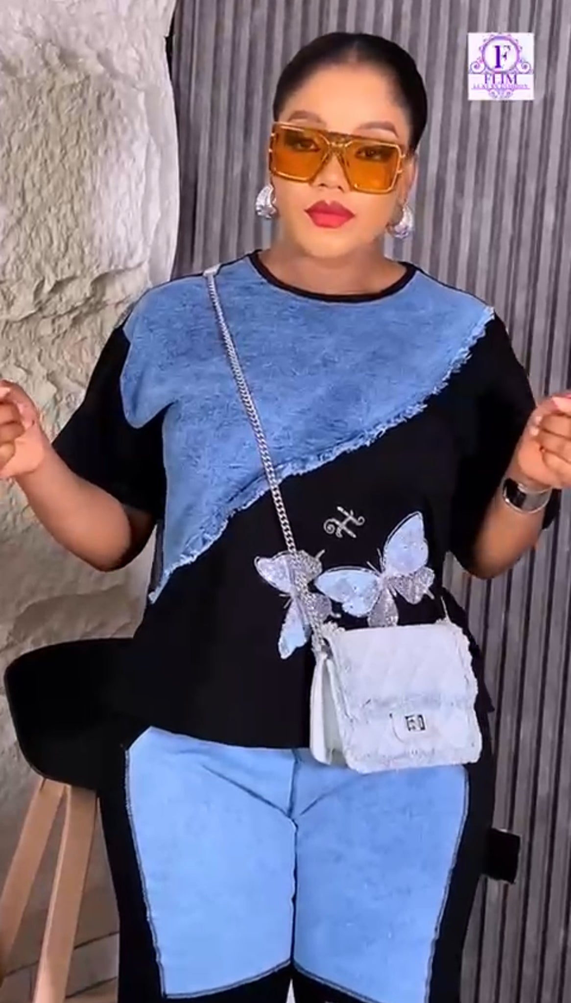 Women’s Stylish Denim Patchwork Two-Piece Set | Butterfly Appliqué Top & Pants | Godshandfashion Casual Wear