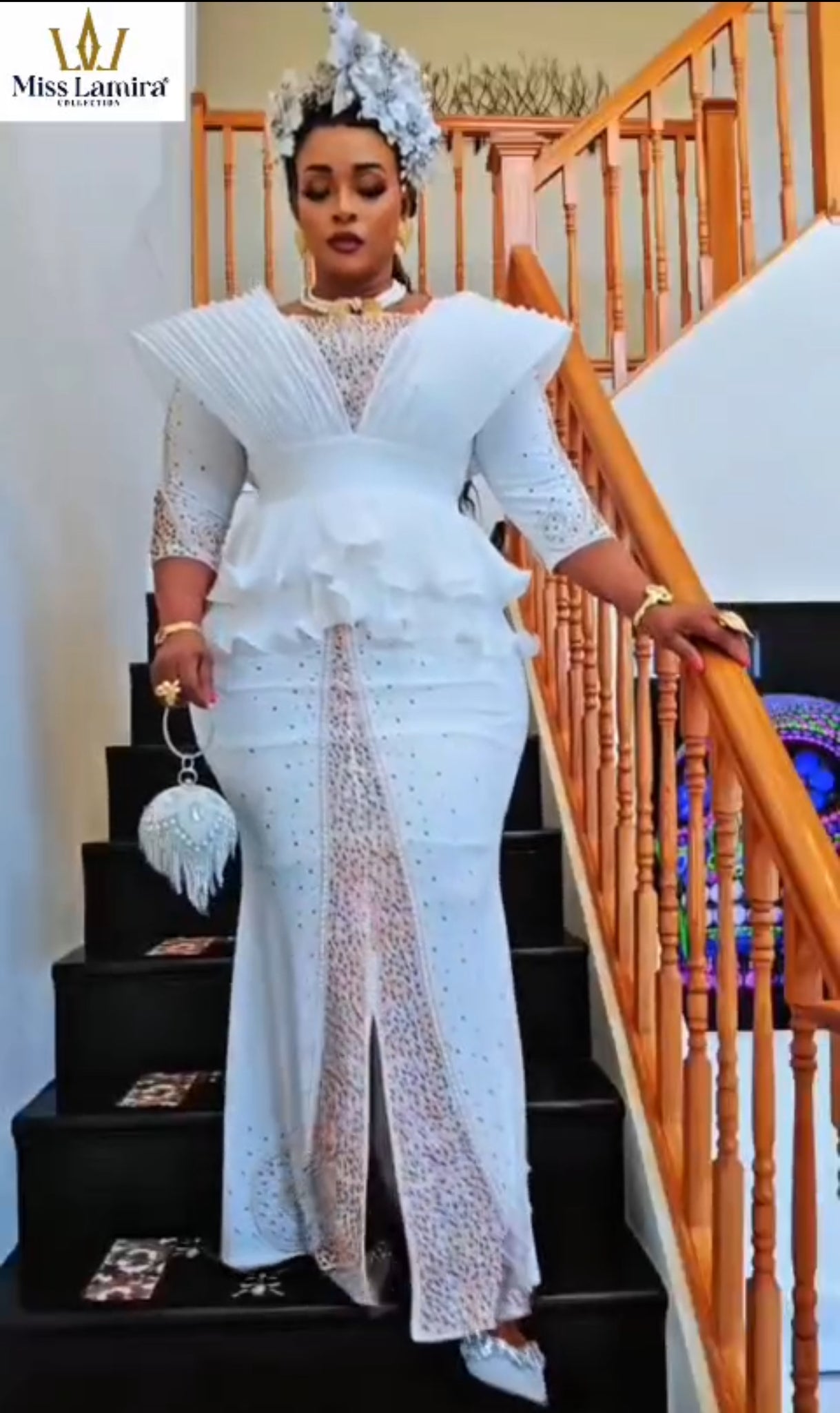 White/gold stoned gorgeous Lycra party Dress