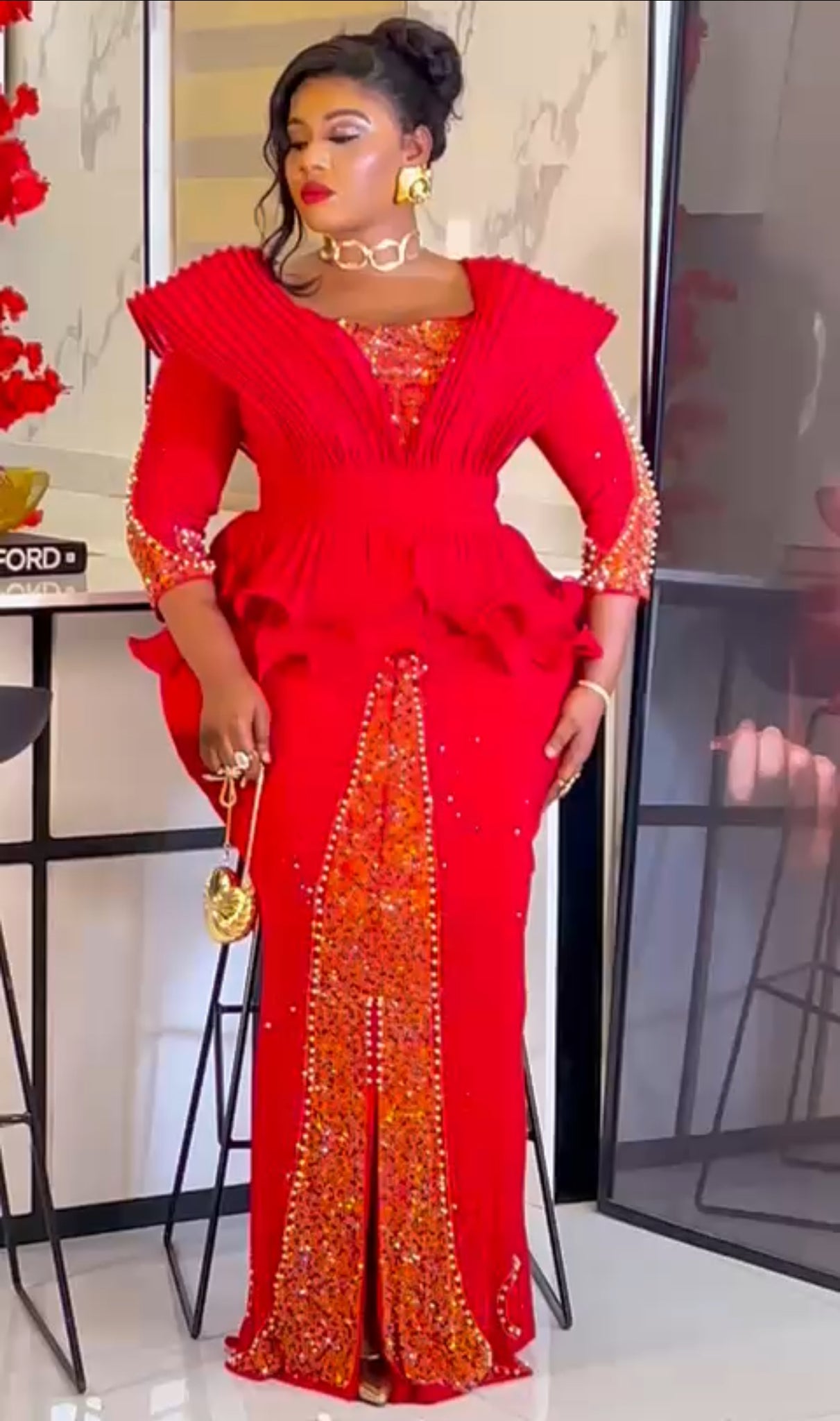 Luxury Embellished Peplum Evening Gown for Women – Red & Green