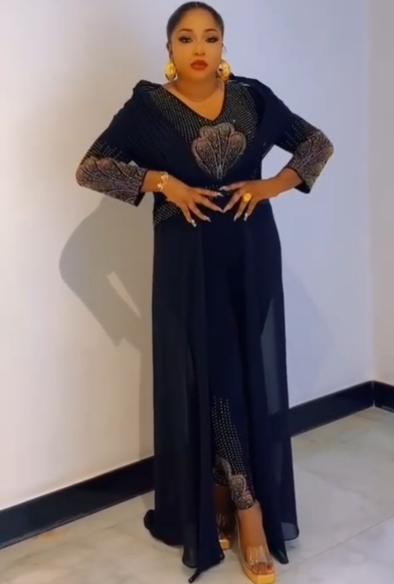 Luxury Navy blue Cape Top and Trouser Set for Women | Godshand Fashion Empire | Made in Turkey