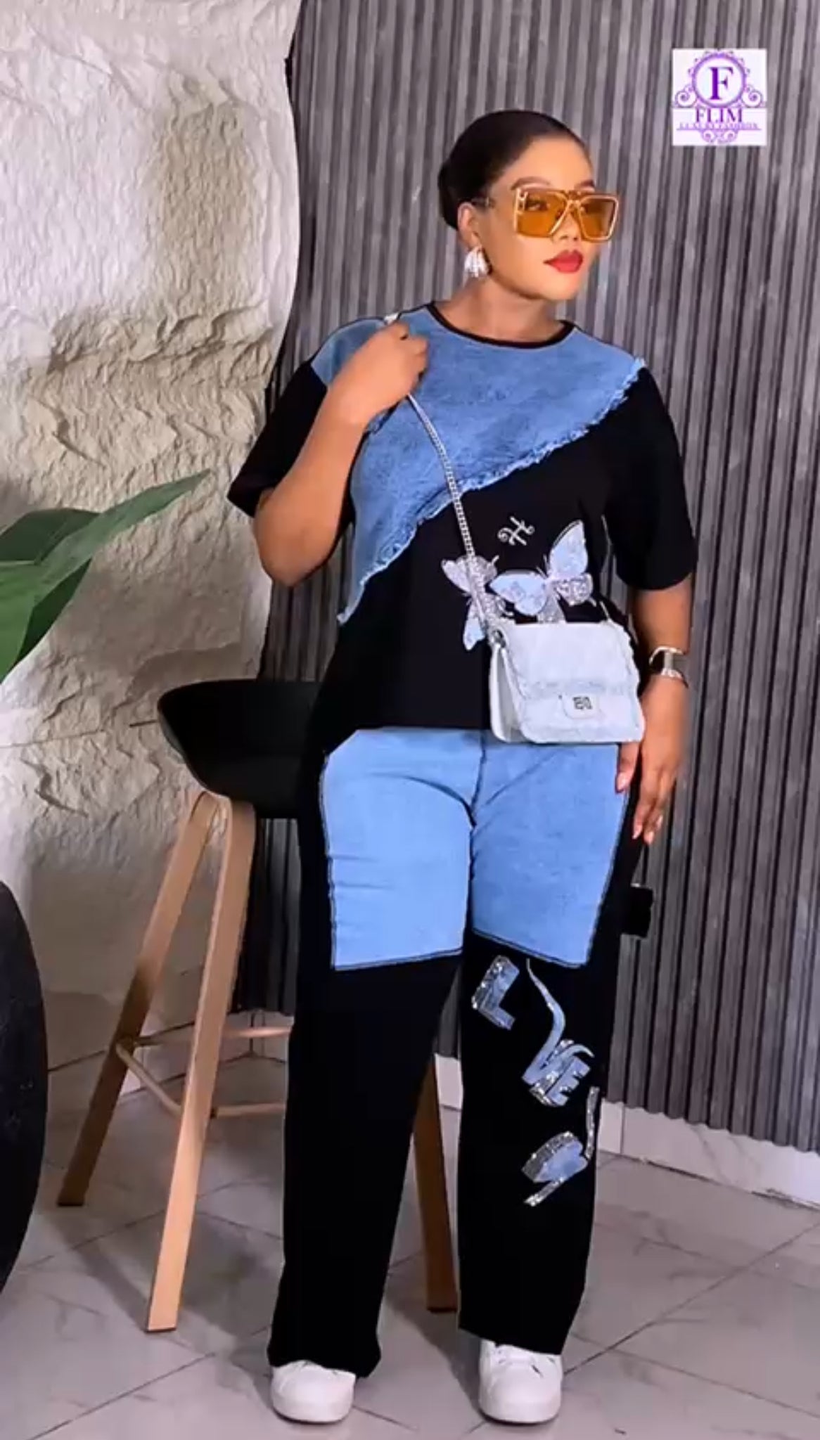 Women’s Stylish Denim Patchwork Two-Piece Set | Butterfly Appliqué Top & Pants | Godshandfashion Casual Wear