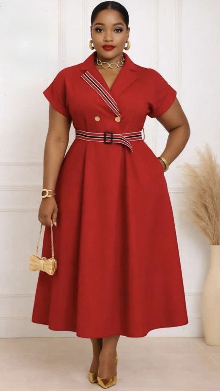 Elegant Red A-Line Midi Dress with Belt