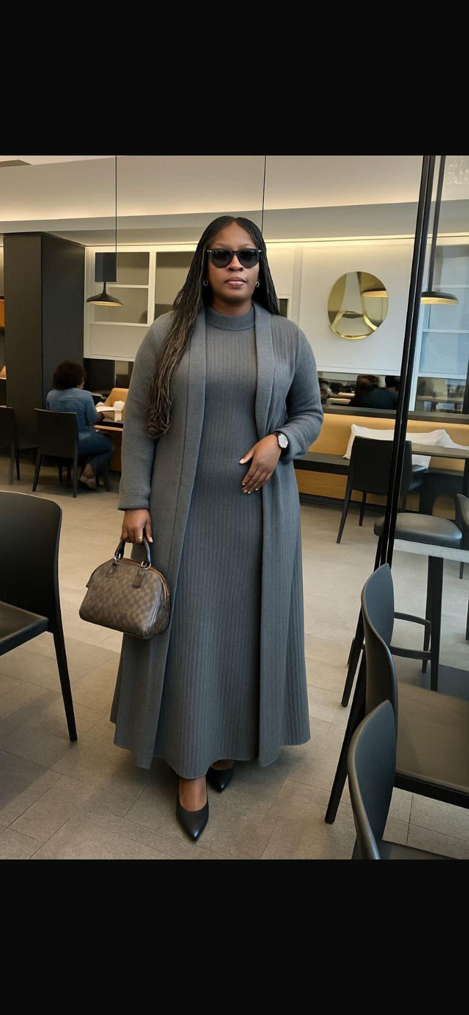 Elegant Grey Knit Maxi Dress and Cardigan Set for Women