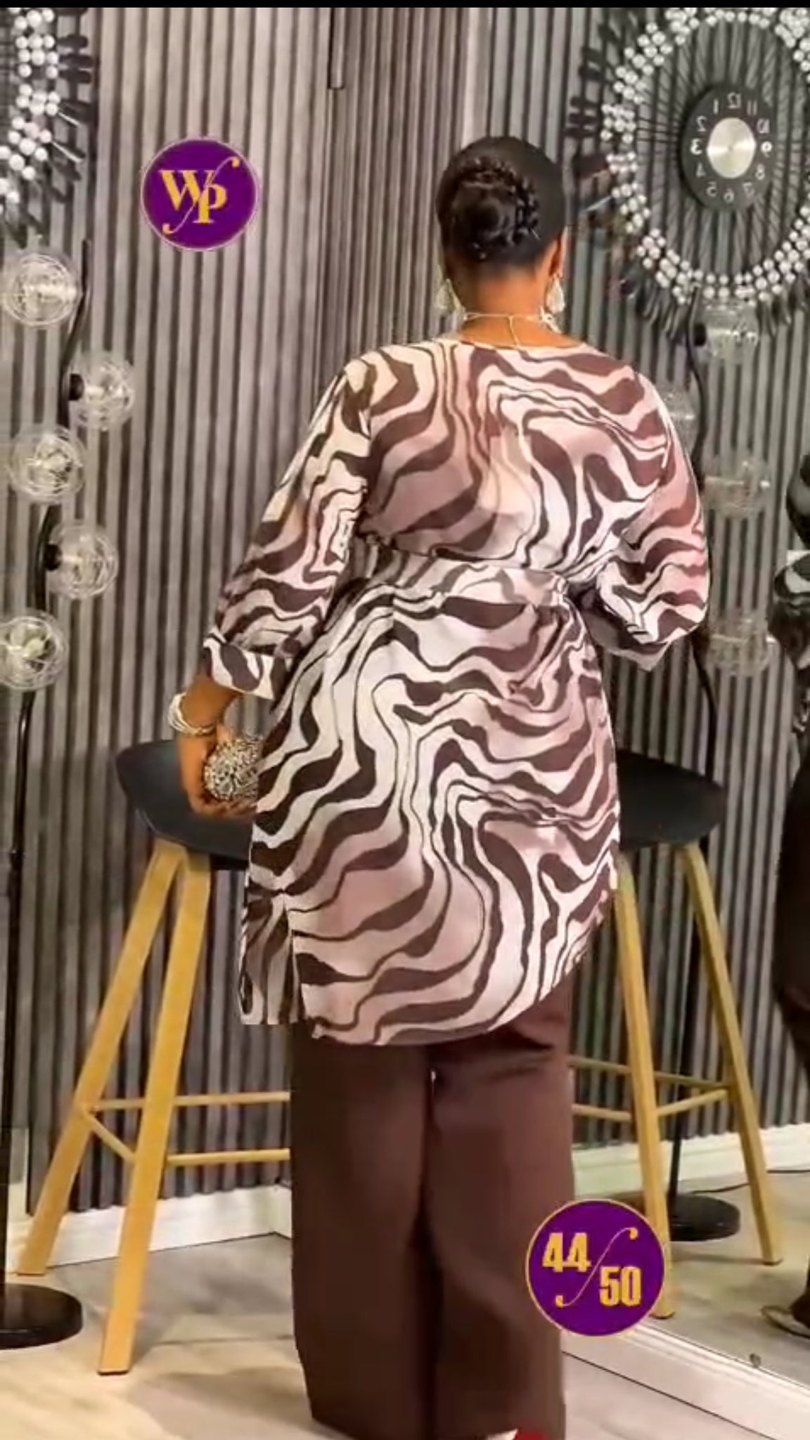 Chic three -Piece Set: Zebra-Inspired Top & Classic Brown Pants