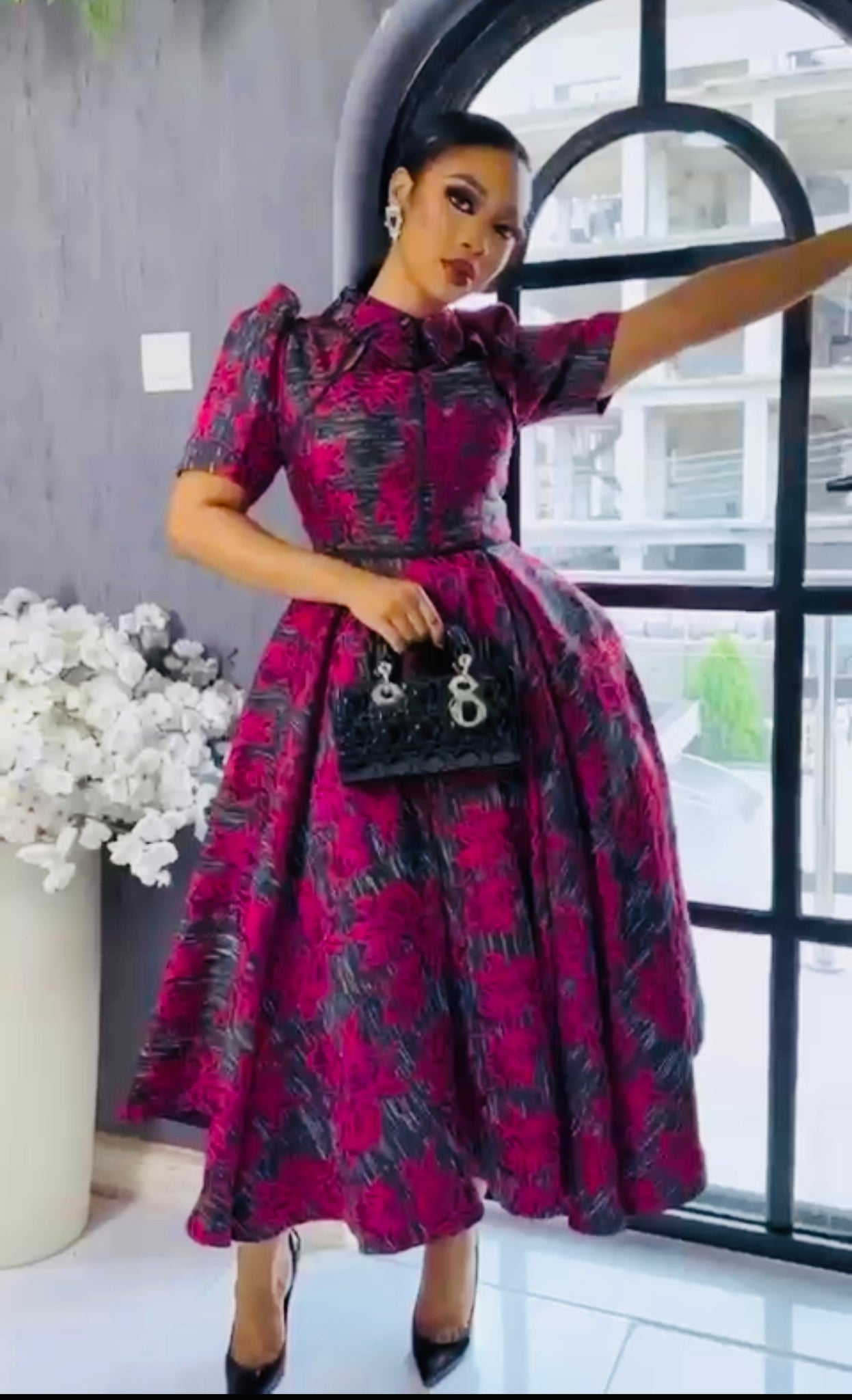 Elegant Burgundy Floral Midi Dress for Women | Classy Church, Wedding & Event Wear