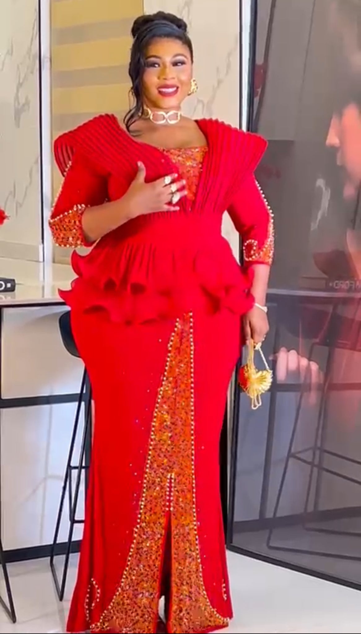 Luxury Embellished Peplum Evening Gown for Women – Red & Green