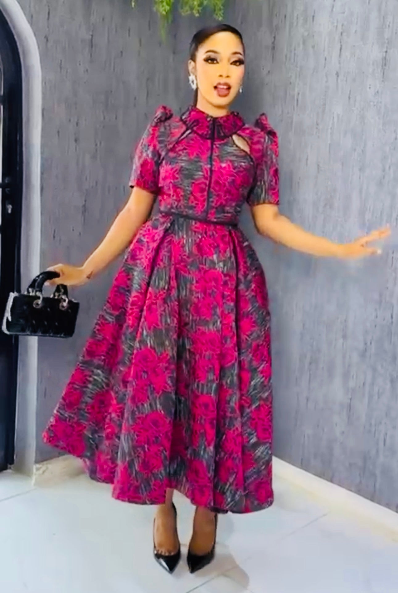 Elegant Burgundy Floral Midi Dress for Women | Classy Church, Wedding & Event Wear
