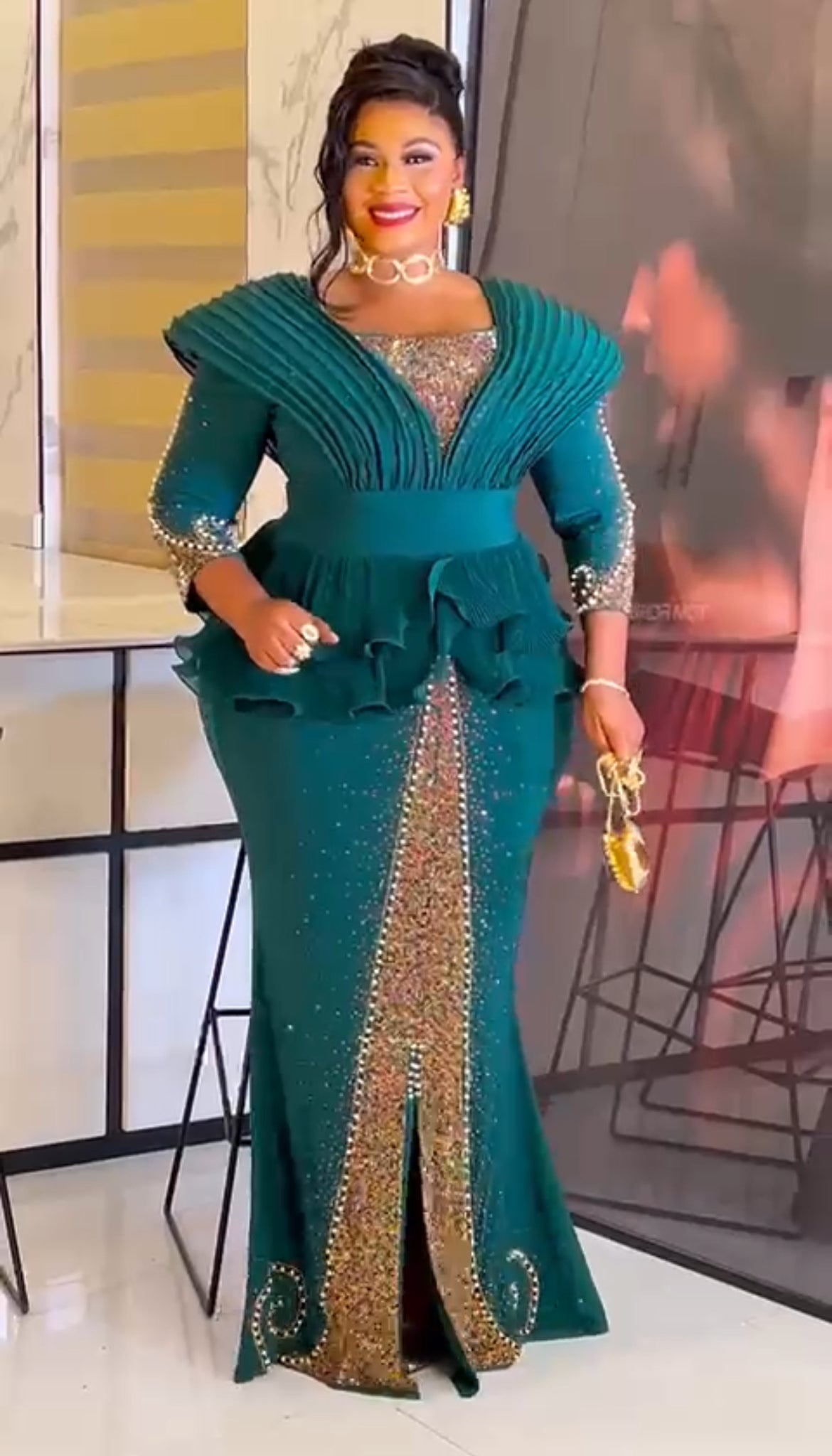 Luxury Embellished Peplum Evening Gown for Women – Red & Green