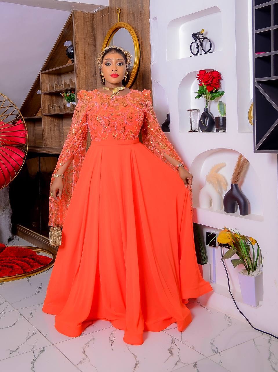 Royal Coral Ball Gown with Beaded Cape Sleeves