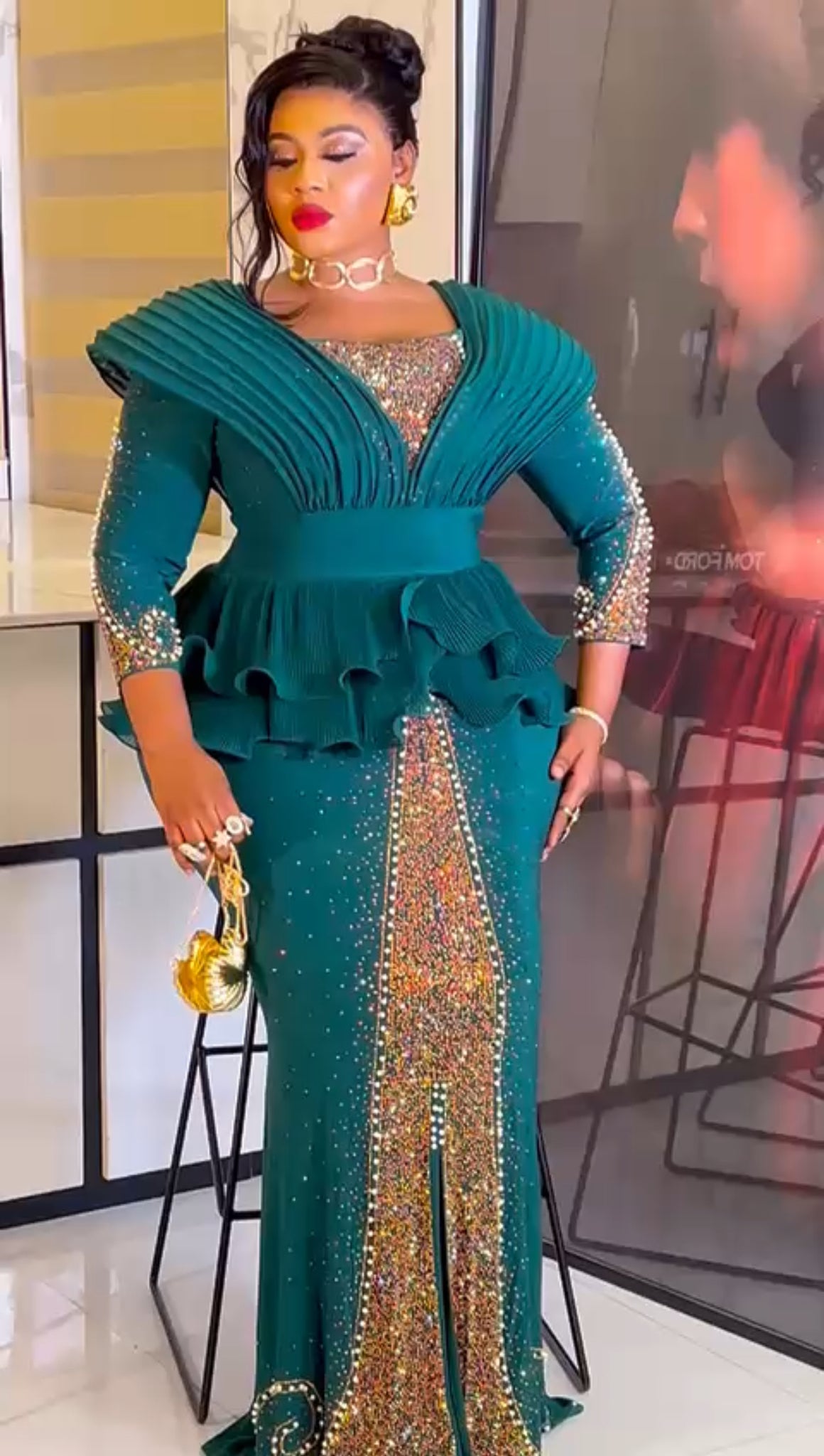 Luxury Embellished Peplum Evening Gown for Women – Red & Green