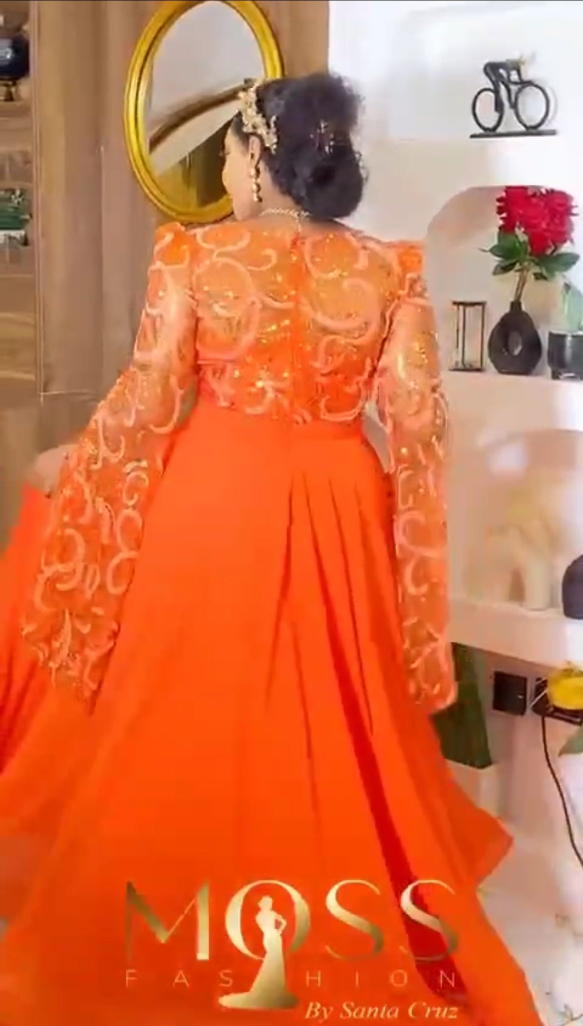 Royal Coral Ball Gown with Beaded Cape Sleeves