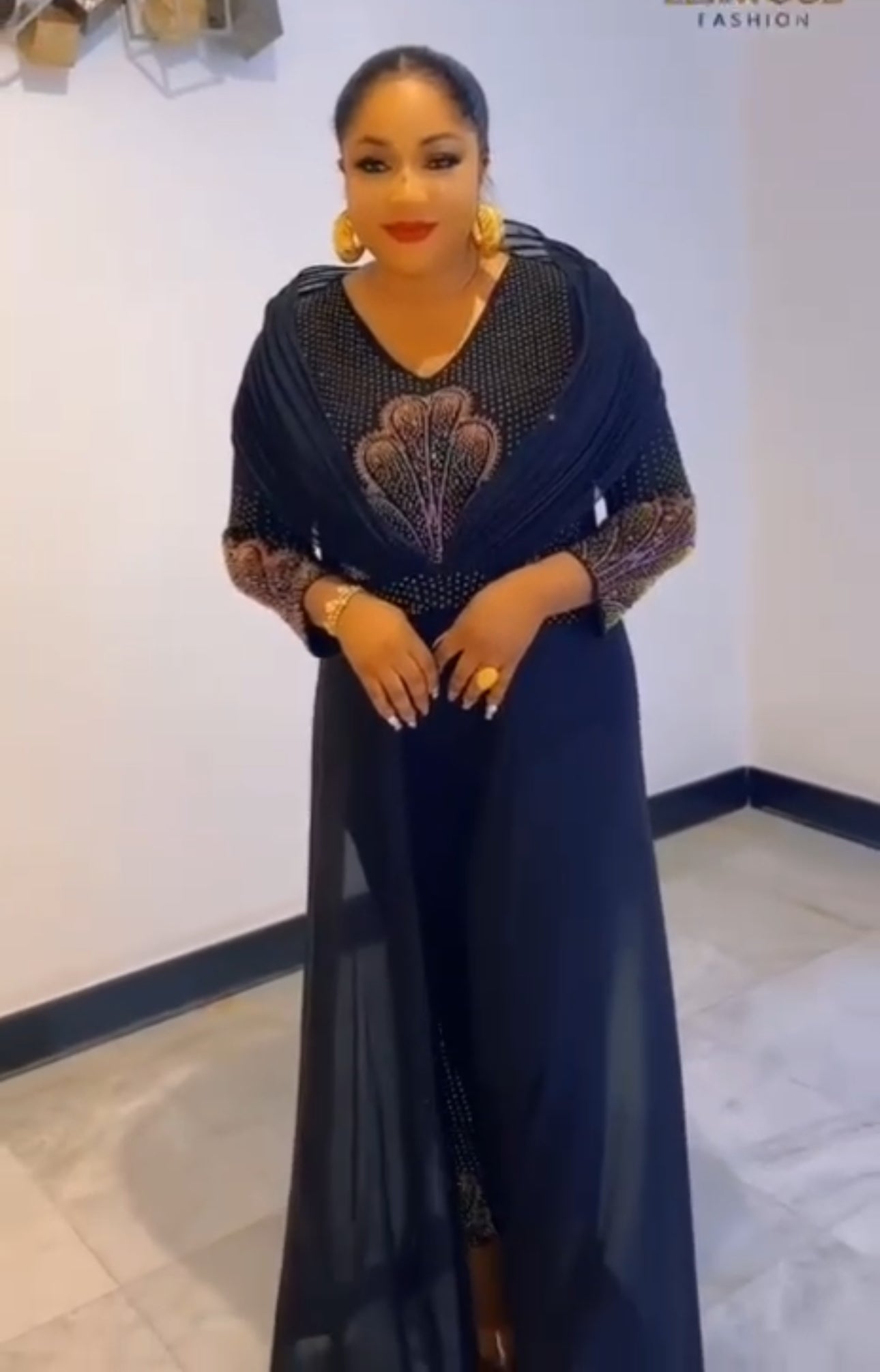 Luxury Navy blue Cape Top and Trouser Set for Women | Godshand Fashion Empire | Made in Turkey