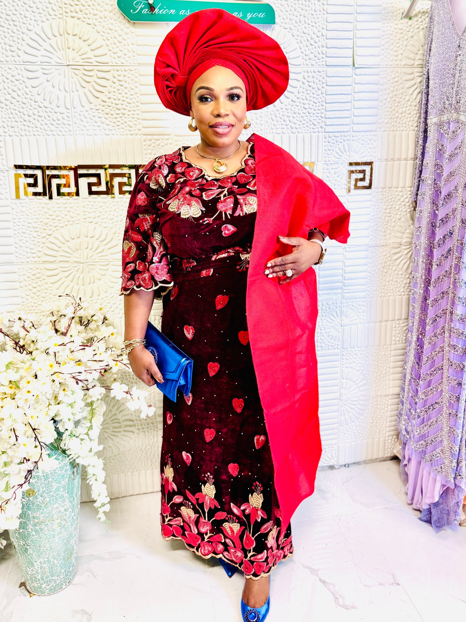 Luxury Velvet Lace African Traditional Outfit for Women | Elegant Asoebi Party Dress with Gele & pele | Godshandfashion