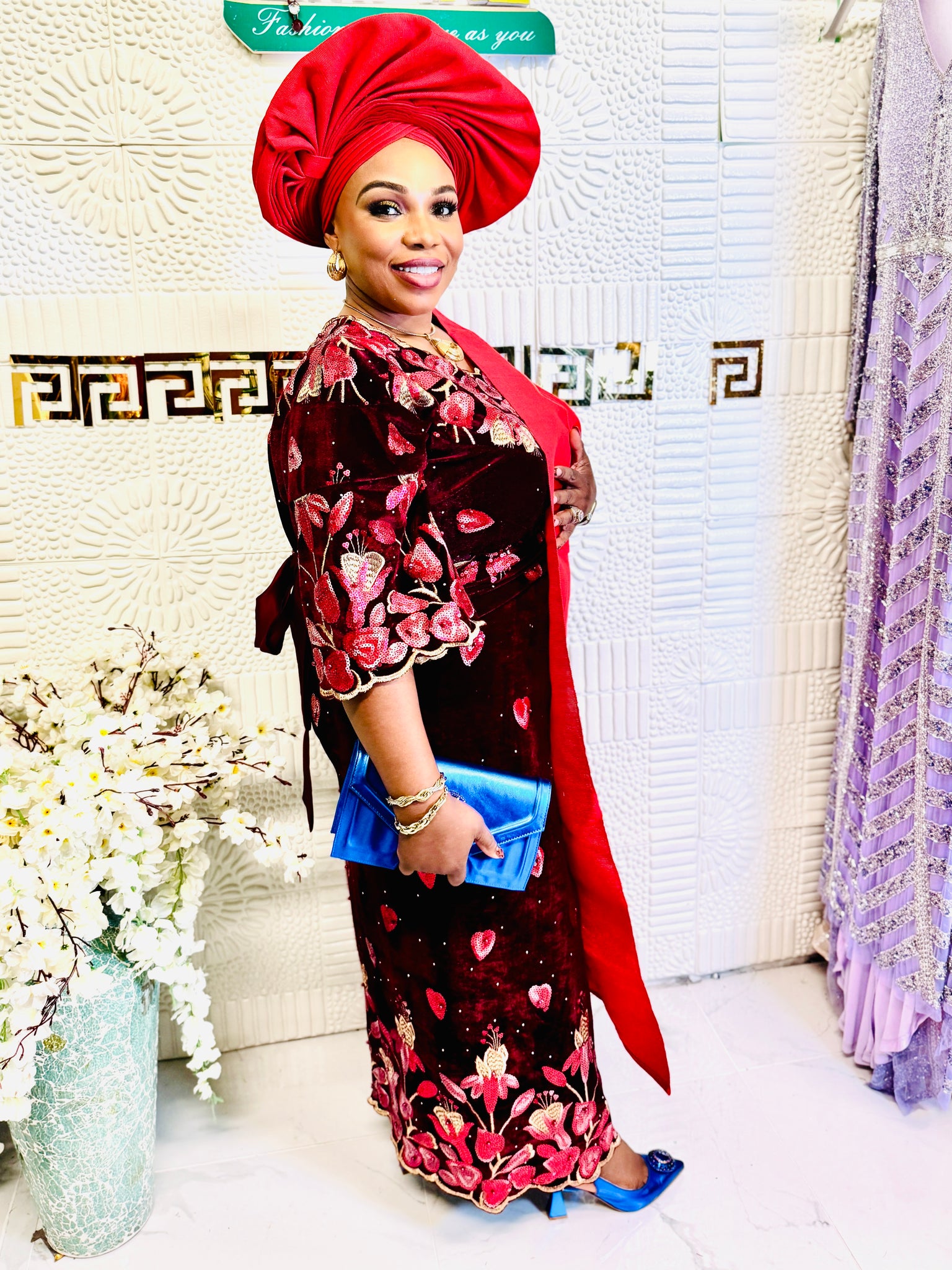 Luxury Velvet Lace African Traditional Outfit for Women | Elegant Asoebi Party Dress with Gele & pele | Godshandfashion