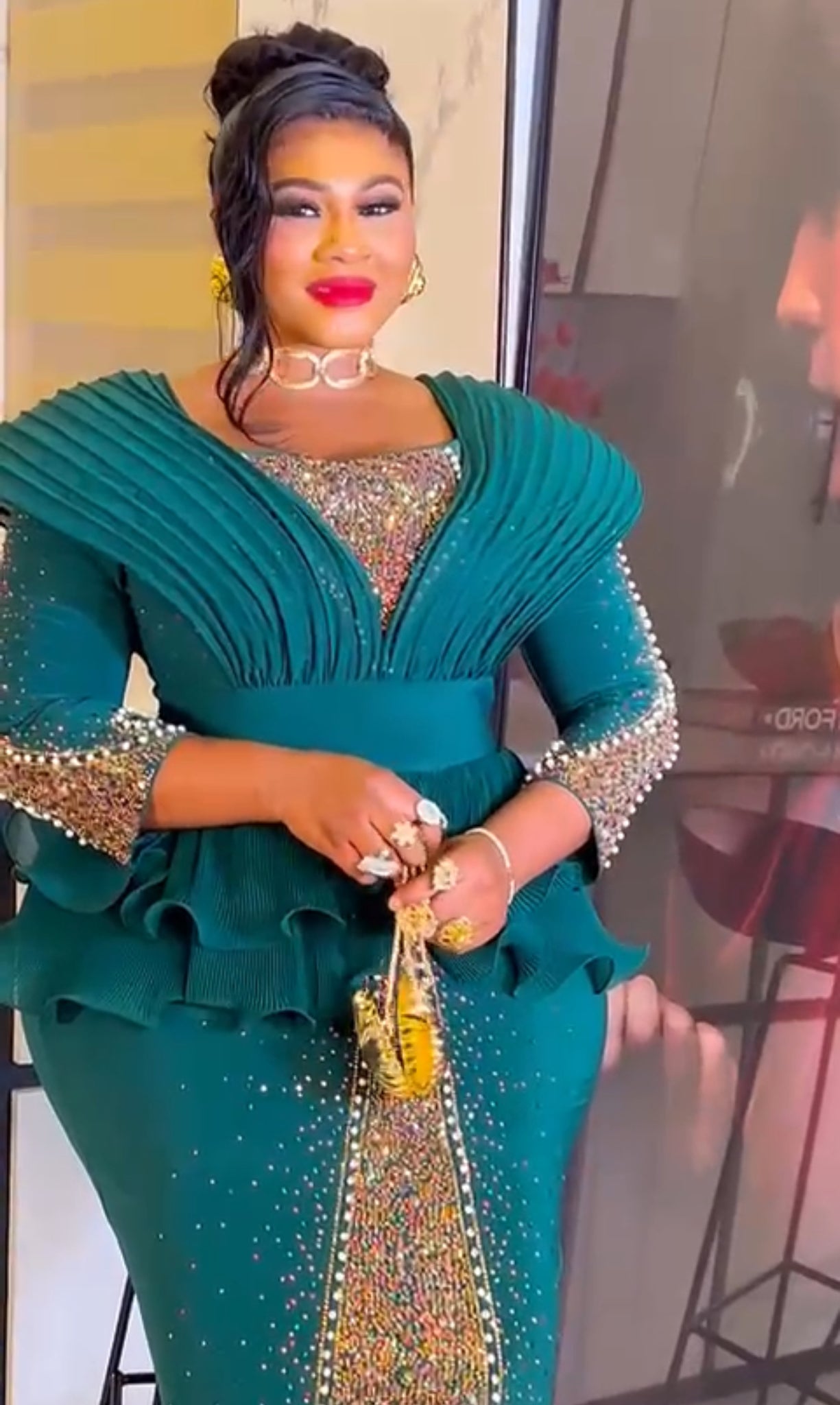 Luxury Embellished Peplum Evening Gown for Women – Red & Green