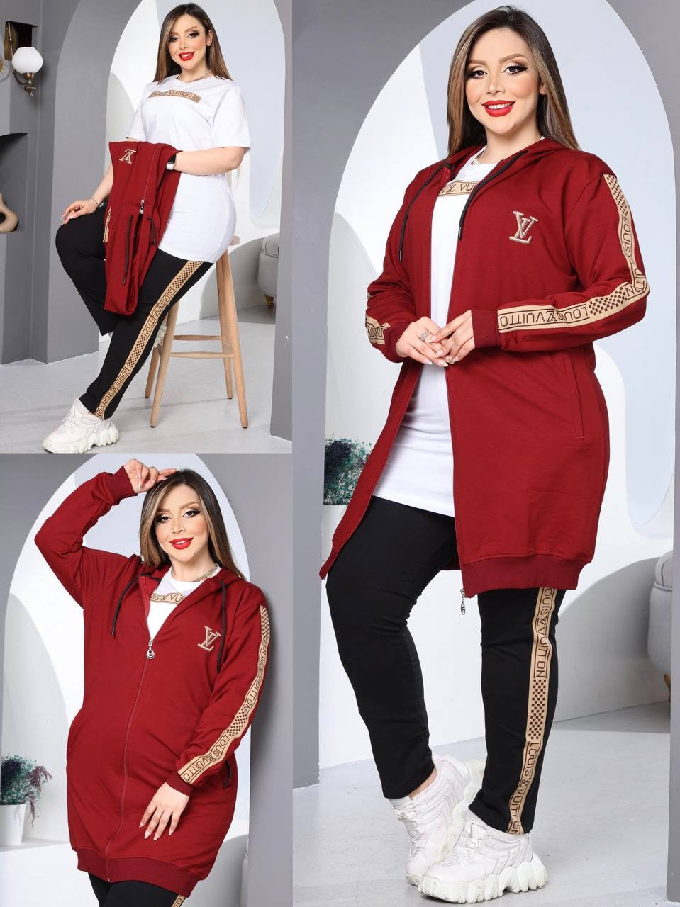 Burgundy Women 3pcs tracksuit