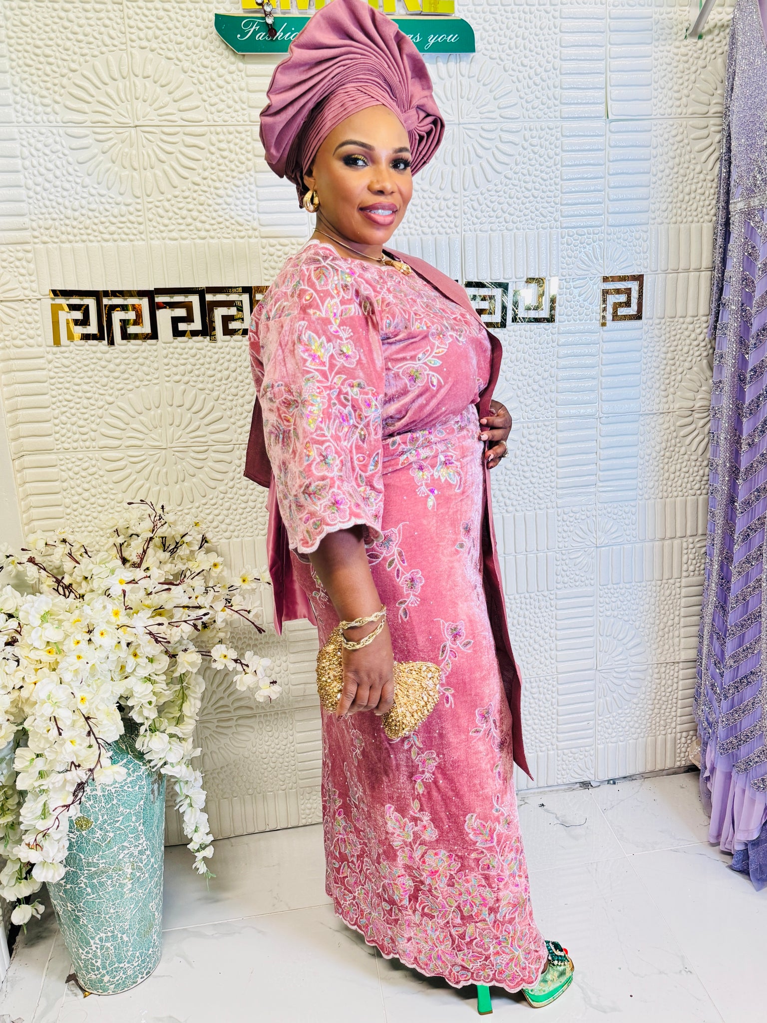 Luxury Velvet Lace African Traditional Outfit for Women | Elegant Asoebi Party Dress with Gele & pele | Godshandfashion