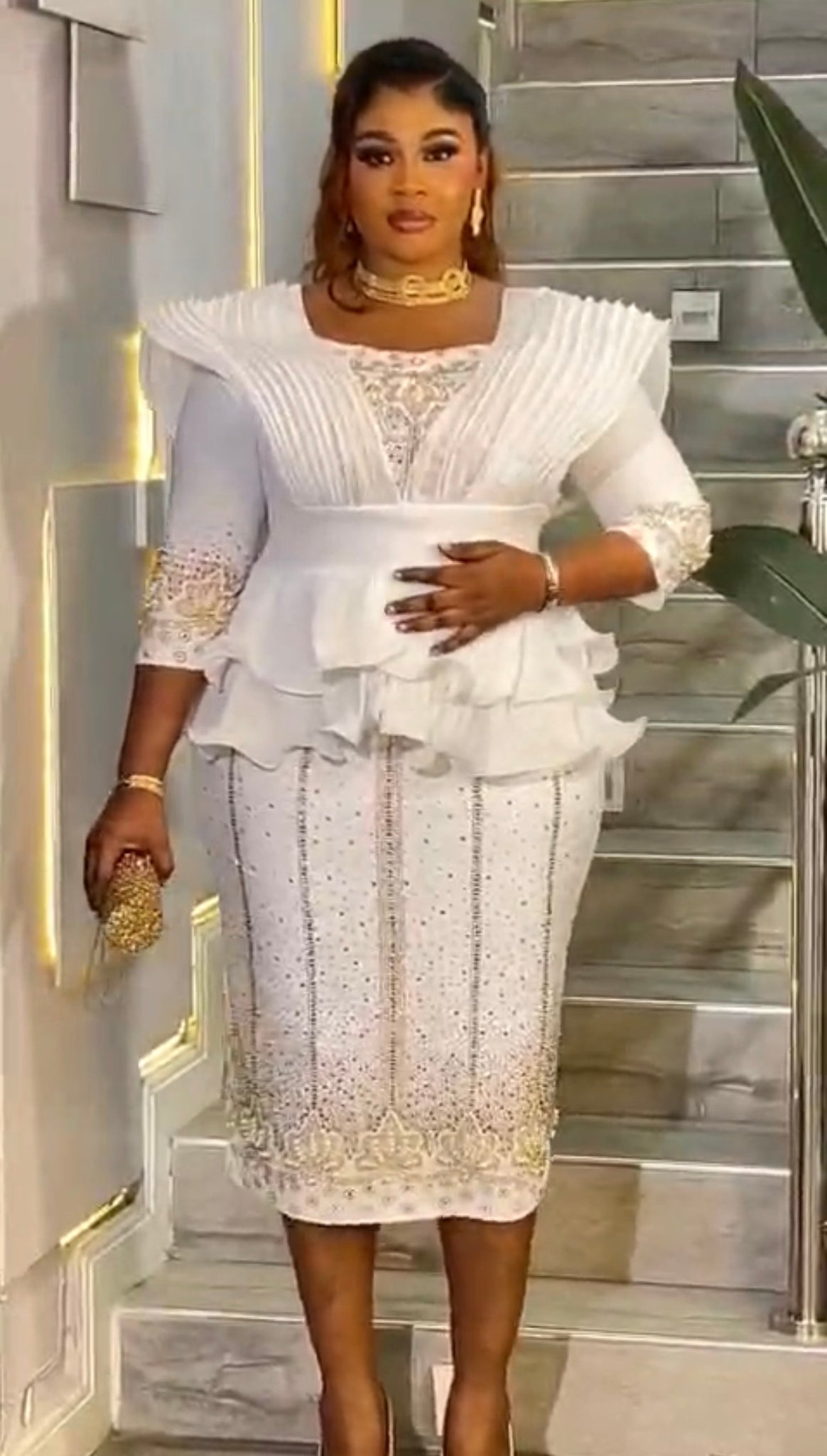 white peplum dress Luxury White & Gold Embellished Peplum Midi Dress for Women