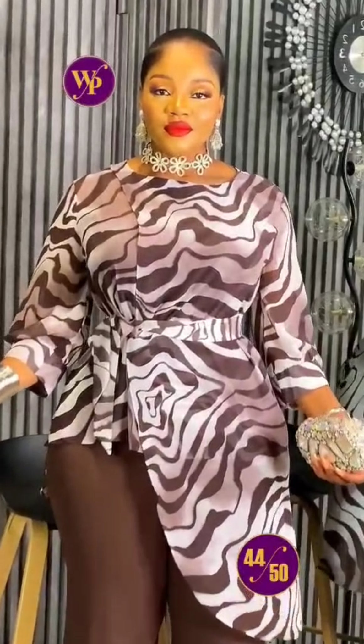 Chic three -Piece Set: Zebra-Inspired Top & Classic Brown Pants