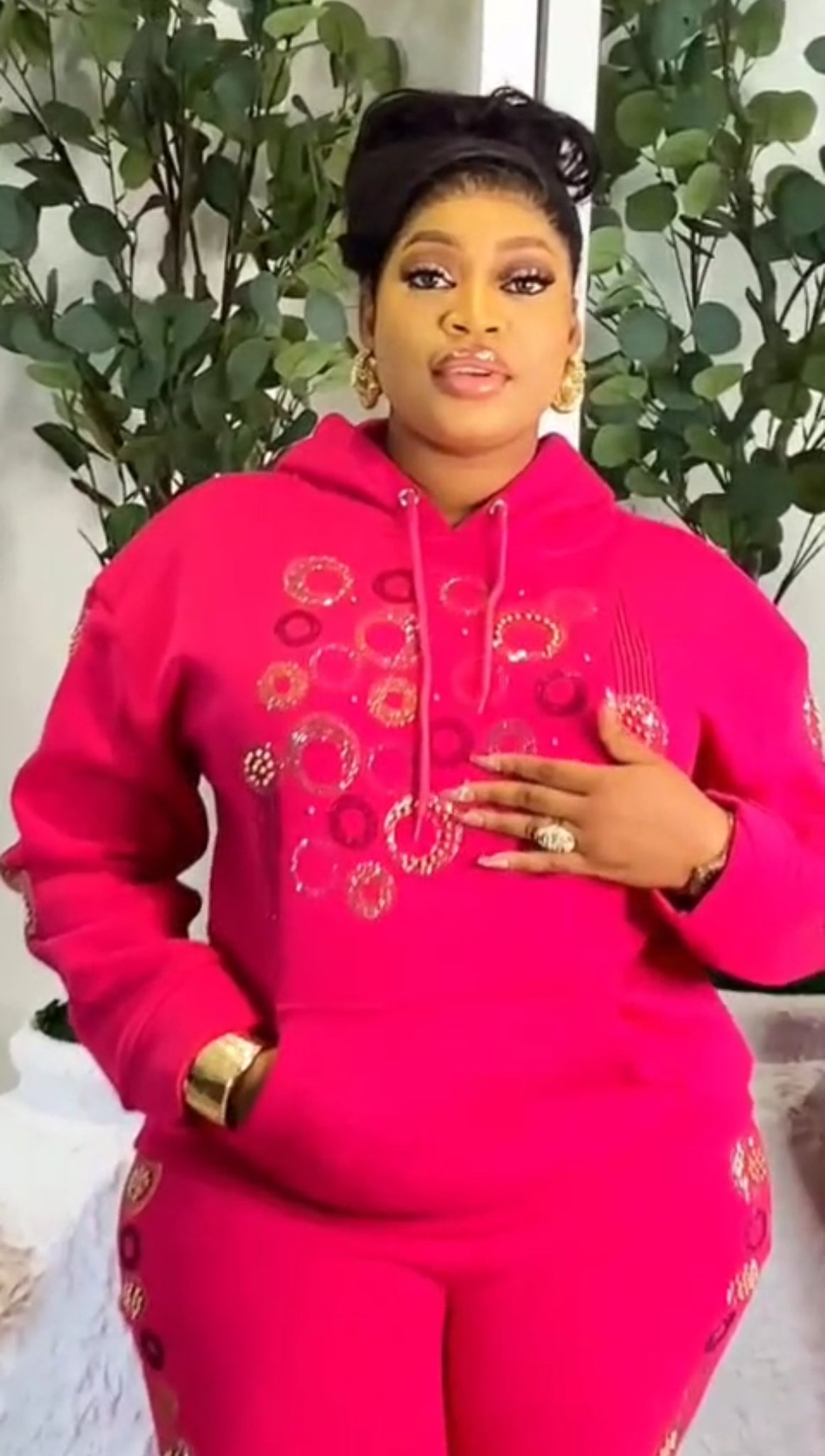 Women’s Pink Embellished Winter Hoodie and Jogger Set | Oversized Tracksuit | Godshandfashion