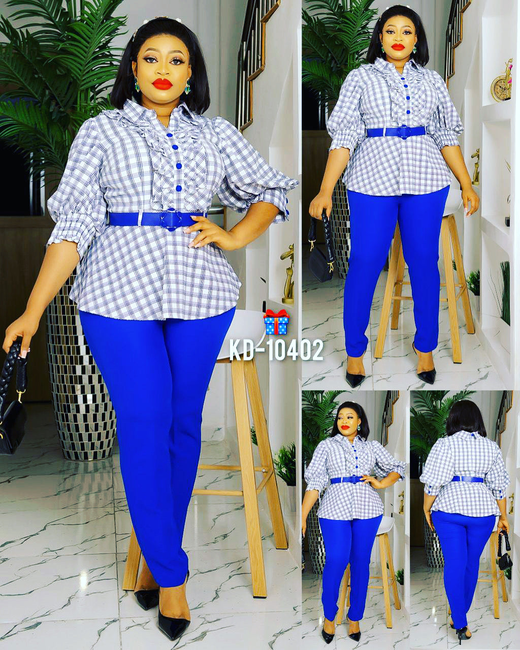 Blue pant and check blouse