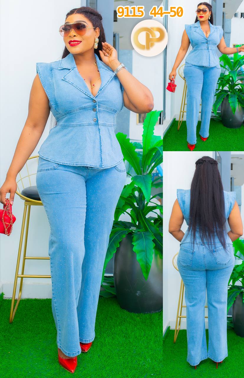 Crystal-Studded Sleeveless Denim Two-Piece Set – Style