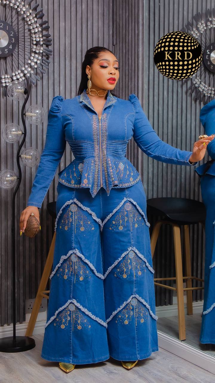 Deluxe Embellished Denim Peplum Two-Piece Set