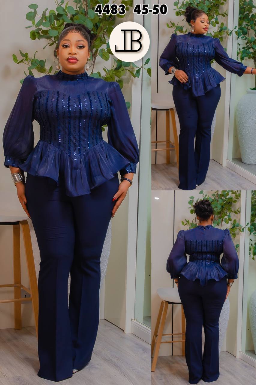 Elegant Navy Blue Sequin Peplum Two-Piece Pant Set for Women