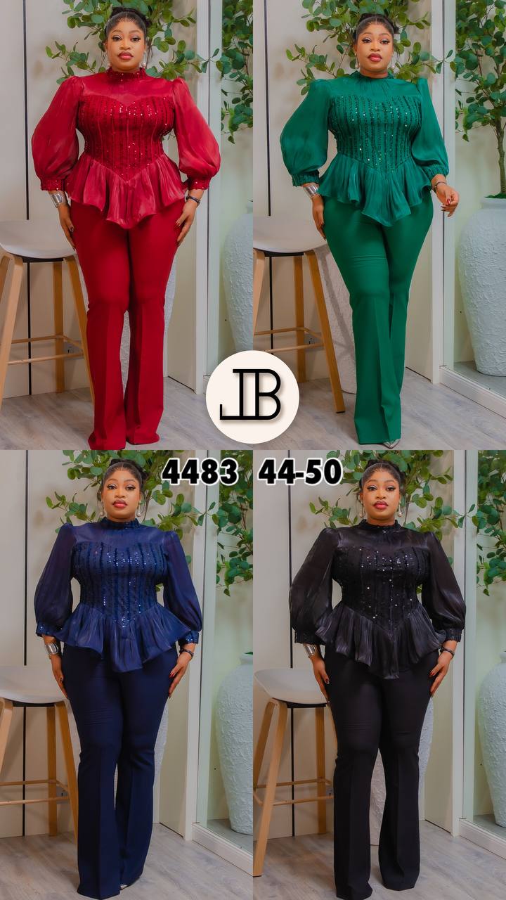 Elegant Navy Blue Sequin Peplum Two-Piece Pant Set for Women