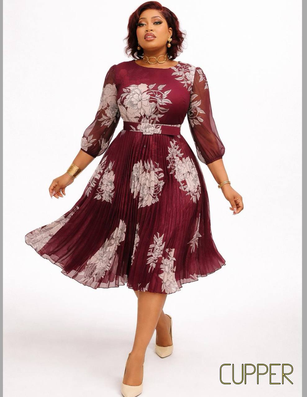 Burgundy Floral Pleated Midi Dress with Belt | Godshand Fashion Empire Godshandfashion Burgundy Floral Pleated Midi Dress with Belt | Godshand Fashion Empire Godshandfashion