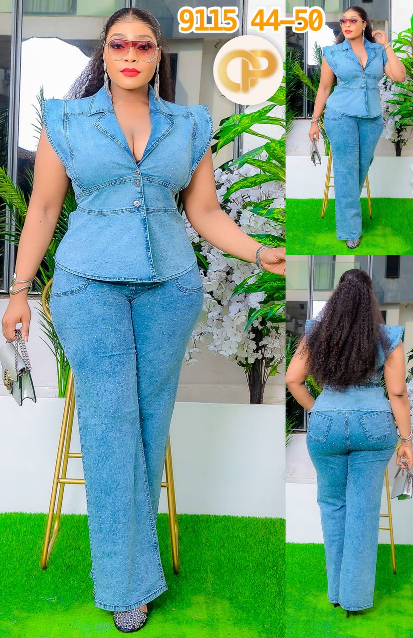 Crystal-Studded Sleeveless Denim Two-Piece Set – Style