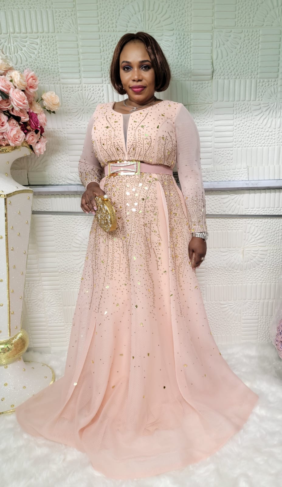 Cinderella Luxury 3D Mirror Blinged peach dress - Godshandfashion -