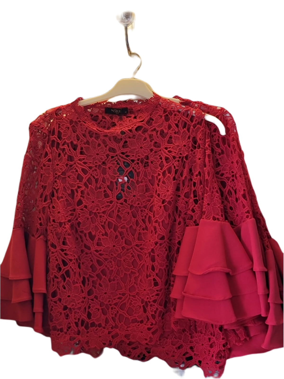 Red Lace Ruffled Sleeve Women's Blouse - Godshandfashion -