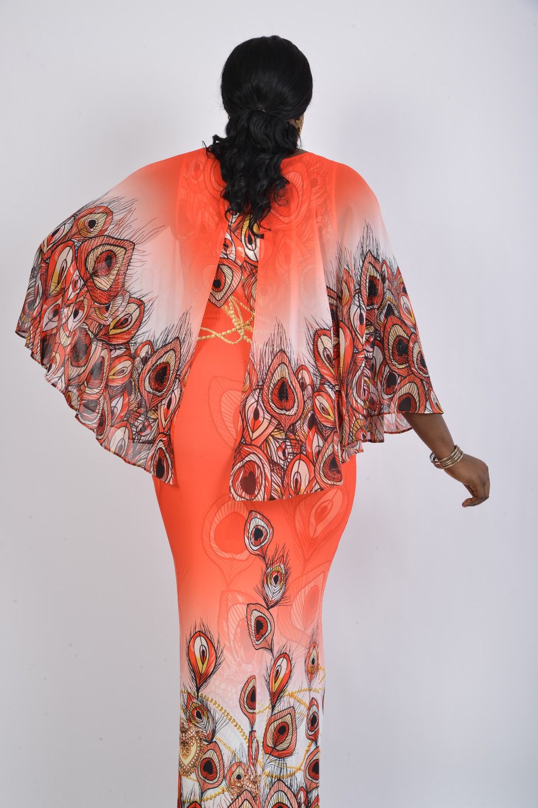 Queens Lycra orange peacock design dress - 