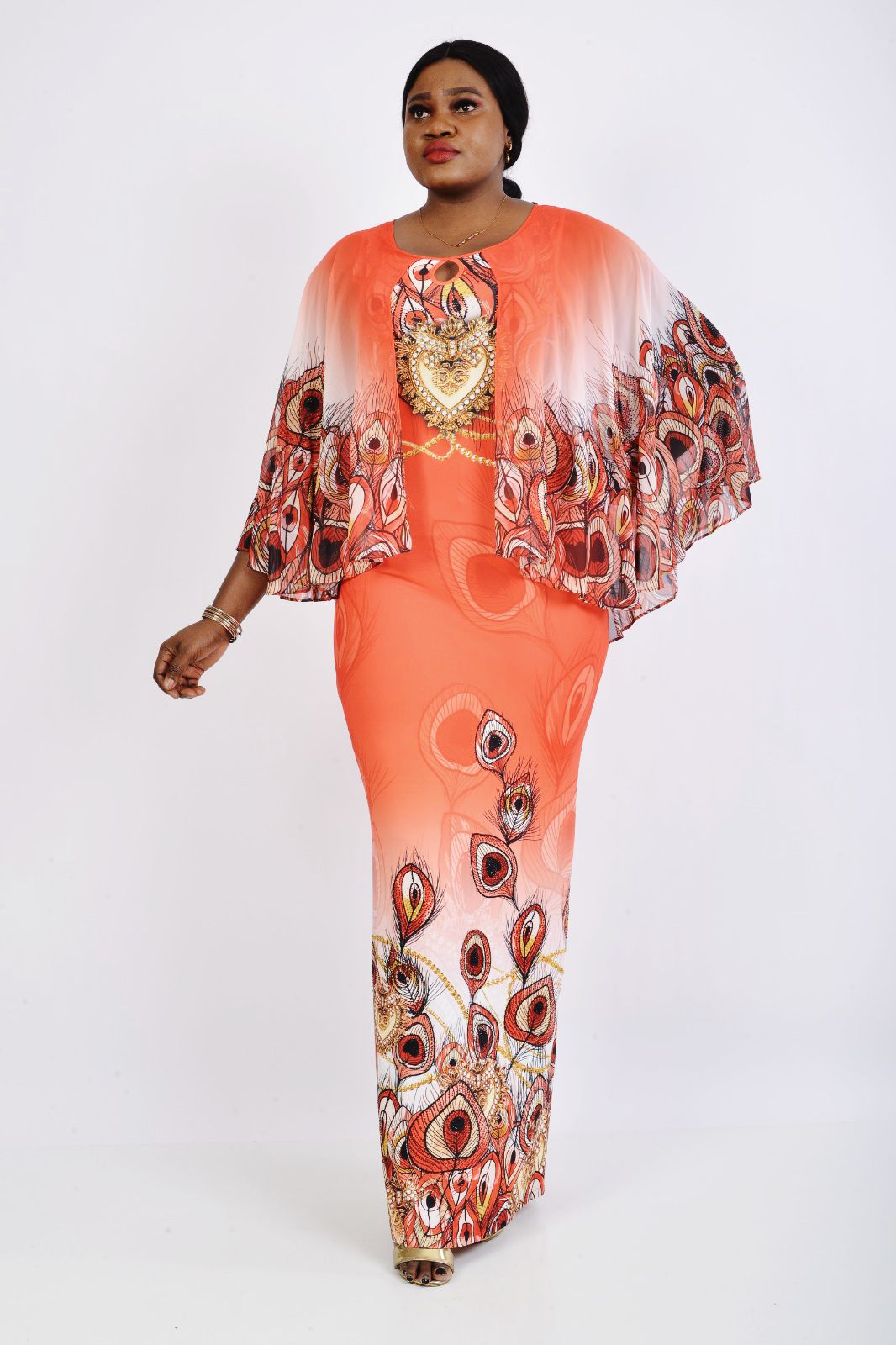 Queens Lycra peacock design floor-length dress - Godshandfashion -