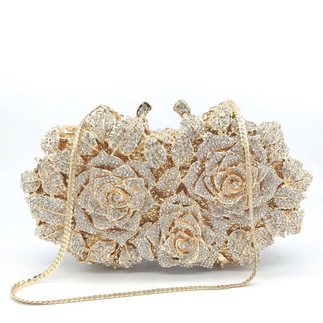 Rhinestone rose flower clutch bag - Godshandfashion - Gold